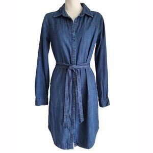 A New Day 100% Cotton Chambray Denim Shirtdress Deep Blue Cowgirl Tie Belt S